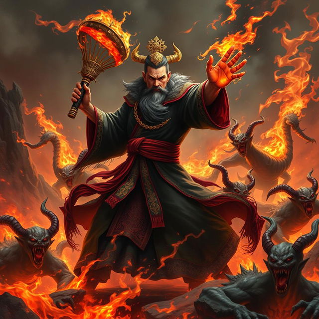 A powerful Chinese judge of the underworld, dressed in ornate black robes with red accents and intricate gold patterns, boldly wields a magical whisk, engaged in a fierce battle against a horde of demons in a fiery hellscape