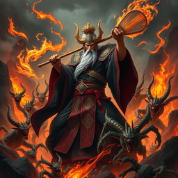 A powerful Chinese judge of the underworld, dressed in ornate black robes with red accents and intricate gold patterns, boldly wields a magical whisk, engaged in a fierce battle against a horde of demons in a fiery hellscape