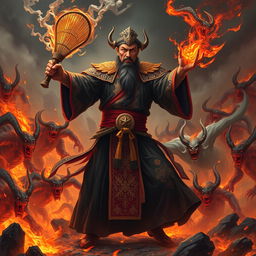 A powerful Chinese judge of the underworld, dressed in ornate black robes with red accents and intricate gold patterns, boldly wields a magical whisk, engaged in a fierce battle against a horde of demons in a fiery hellscape