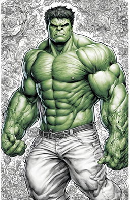 A high-quality, intricate coloring page featuring the Marvel character, the Incredible Hulk, drawn in the detailed and whimsical style of Johanna Basford