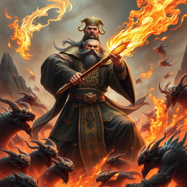 A powerful Chinese judge of the underworld, dressed in elaborate dark robes with intricate gold detailing, fiercely wields a glowing magical weapon, poised for battle against a multitude of menacing demons in a fiery hellscape