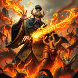 A powerful Chinese judge of the underworld, dressed in elaborate dark robes with intricate gold detailing, fiercely wields a glowing magical weapon, poised for battle against a multitude of menacing demons in a fiery hellscape