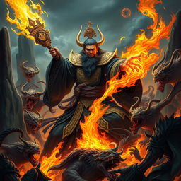 A powerful Chinese judge of the underworld, dressed in elaborate dark robes with intricate gold detailing, fiercely wields a glowing magical weapon, poised for battle against a multitude of menacing demons in a fiery hellscape