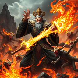 A powerful Chinese judge of the underworld, dressed in elaborate dark robes with intricate gold detailing, fiercely wields a glowing magical weapon, poised for battle against a multitude of menacing demons in a fiery hellscape