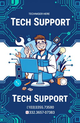 An eye-catching technical support cover design featuring a central graphic of a friendly, confident technician at a computer, surrounded by various technical tools like a wrench, screwdriver, and gadgetry elements