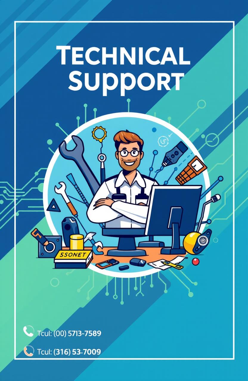 An eye-catching technical support cover design featuring a central graphic of a friendly, confident technician at a computer, surrounded by various technical tools like a wrench, screwdriver, and gadgetry elements