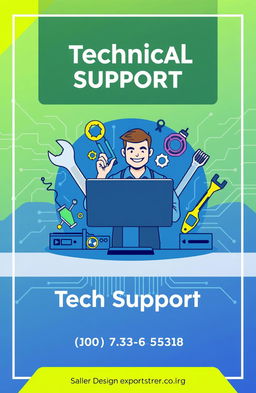 An eye-catching technical support cover design featuring a central graphic of a friendly, confident technician at a computer, surrounded by various technical tools like a wrench, screwdriver, and gadgetry elements