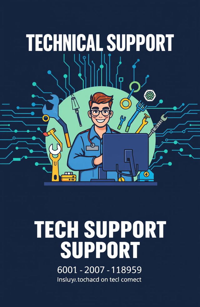 An eye-catching technical support cover design featuring a central graphic of a friendly, confident technician at a computer, surrounded by various technical tools like a wrench, screwdriver, and gadgetry elements