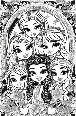 A black and white colouring book page featuring characters from the Bratz franchise