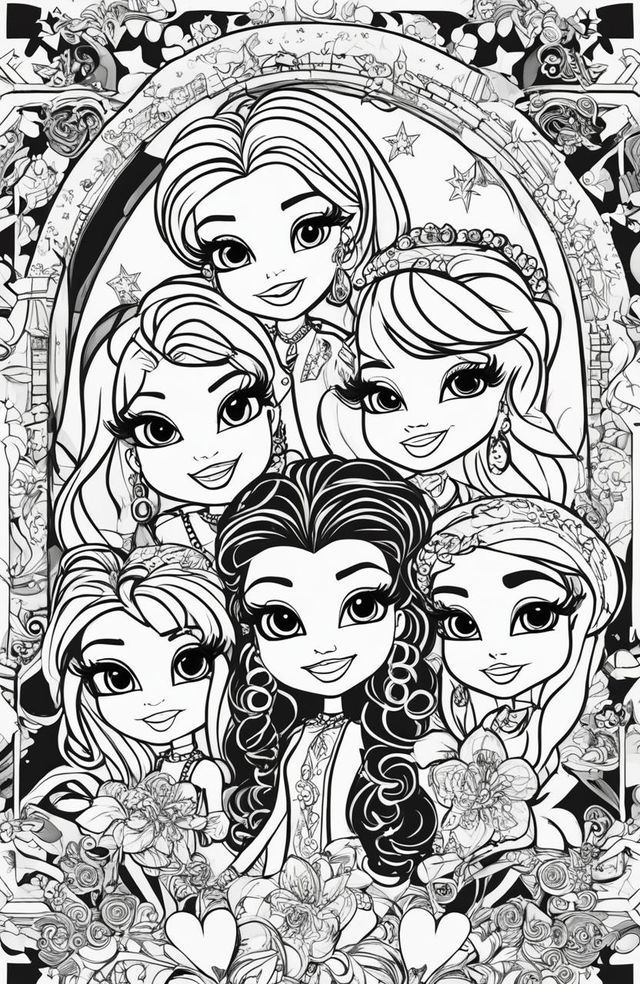 A black and white colouring book page featuring characters from the Bratz franchise