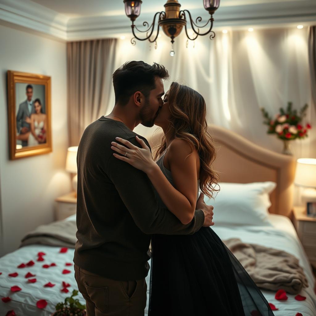 A romantic and intimate scene featuring two attractive adults sharing a passionate kiss in a beautifully lit bedroom