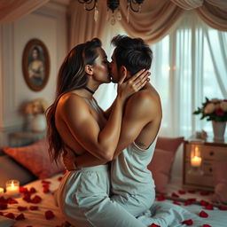 A romantic and intimate scene featuring two attractive adults sharing a passionate kiss in a beautifully lit bedroom
