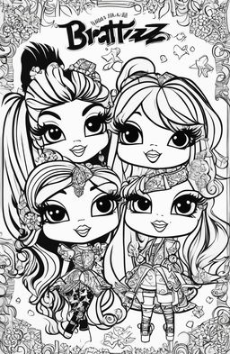 A black and white colouring book page featuring characters from the Bratz franchise