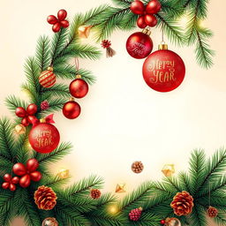 A beautifully designed New Year's wallpaper featuring large fir branches gracefully arching along the edges, adorned with vibrant multi-colored ornaments and glimmering New Year's toys