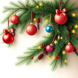 A beautifully designed New Year's wallpaper featuring large fir branches gracefully arching along the edges, adorned with vibrant multi-colored ornaments and glimmering New Year's toys