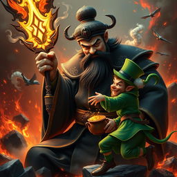 A formidable Chinese judge of the underworld, dressed in luxurious dark robes embellished with intricate symbols, grips a radiant magical weapon, engaged in a fierce confrontation with a mischievous leprechaun in a fiery hellscape