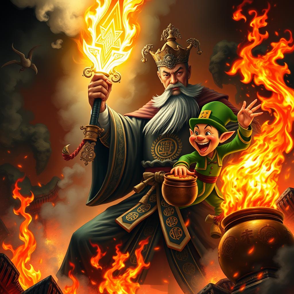 A formidable Chinese judge of the underworld, dressed in luxurious dark robes embellished with intricate symbols, grips a radiant magical weapon, engaged in a fierce confrontation with a mischievous leprechaun in a fiery hellscape