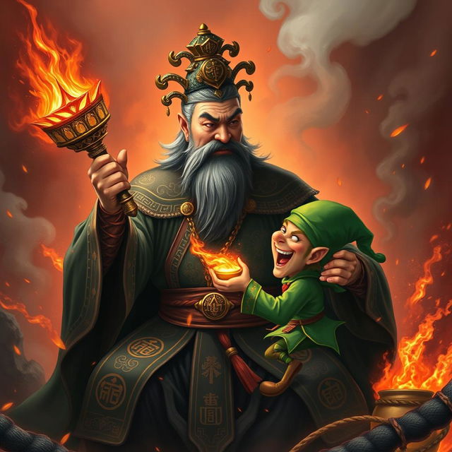 A formidable Chinese judge of the underworld, dressed in luxurious dark robes embellished with intricate symbols, grips a radiant magical weapon, engaged in a fierce confrontation with a mischievous leprechaun in a fiery hellscape