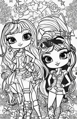 A black and white colouring book page featuring characters from the Bratz franchise