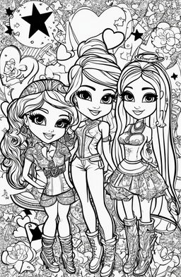 A black and white colouring book page featuring characters from the Bratz franchise