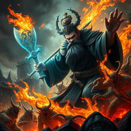 A formidable Chinese judge of the underworld, clad in richly detailed dark robes adorned with gold filigree, brandishes a powerful magical weapon as they engage in an epic battle against a throng of fierce demons in a hellish landscape