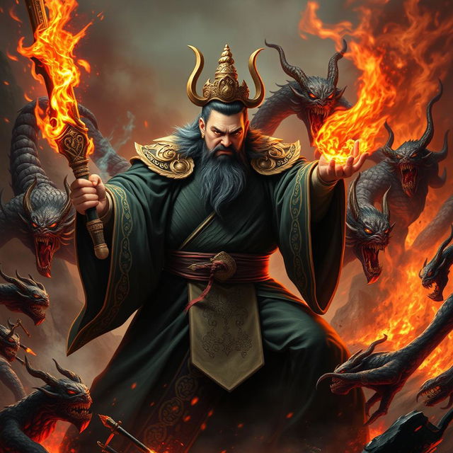 A formidable Chinese judge of the underworld, clad in richly detailed dark robes adorned with gold filigree, brandishes a powerful magical weapon as they engage in an epic battle against a throng of fierce demons in a hellish landscape