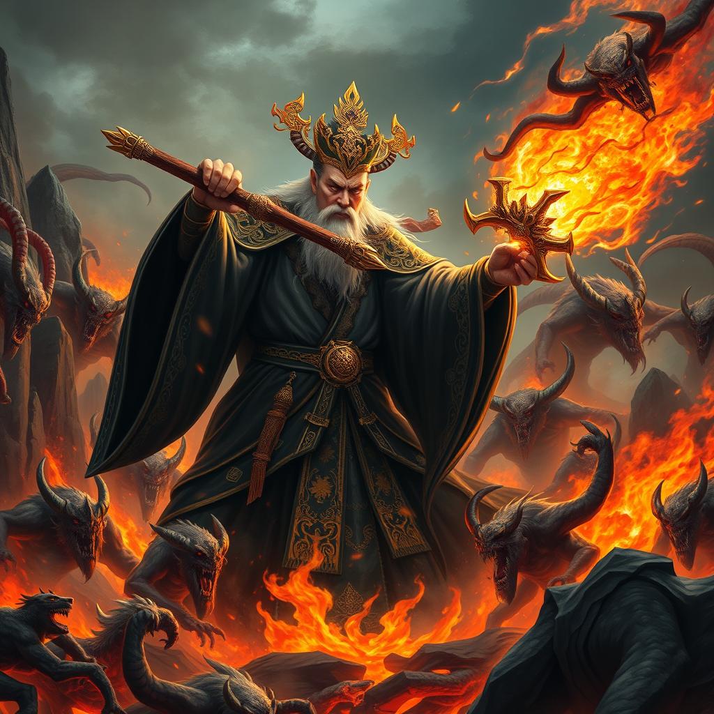 A formidable Chinese judge of the underworld, clad in richly detailed dark robes adorned with gold filigree, brandishes a powerful magical weapon as they engage in an epic battle against a throng of fierce demons in a hellish landscape