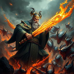 A formidable Chinese judge of the underworld, clad in richly detailed dark robes adorned with gold filigree, brandishes a powerful magical weapon as they engage in an epic battle against a throng of fierce demons in a hellish landscape