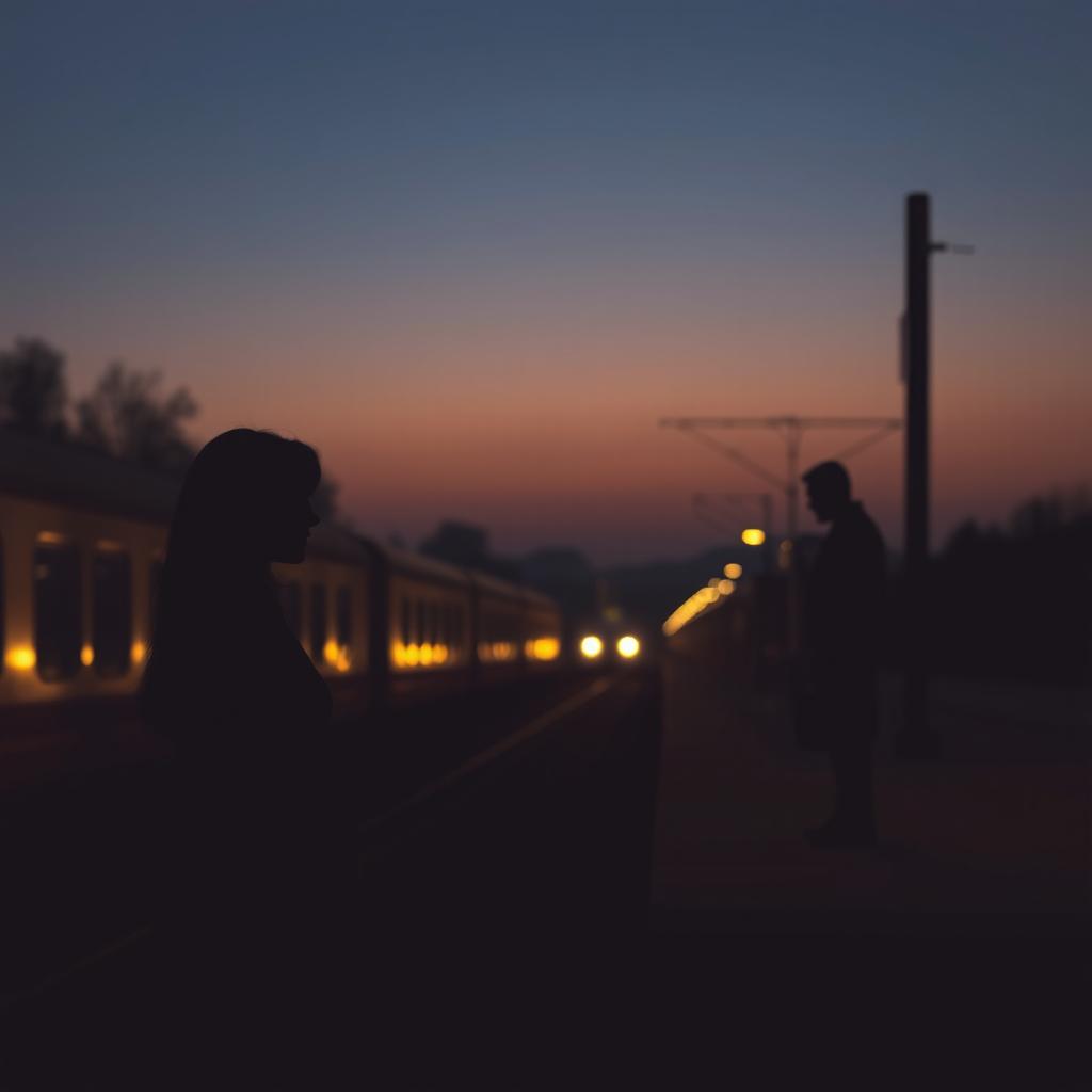 A tranquil scene at a train station during twilight, with soft hues of brown enveloping the atmosphere