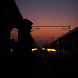 A tranquil scene at a train station during twilight, with soft hues of brown enveloping the atmosphere