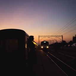 A tranquil scene at a train station during twilight, with soft hues of brown enveloping the atmosphere