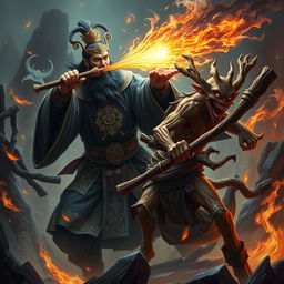An authoritative Chinese judge of the underworld, adorned in richly detailed dark robes with ornate gold accents, fiercely wields a luminous magical weapon as they confront an evil wood goblin in a chaotic hellish environment