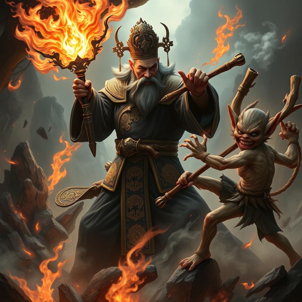 An authoritative Chinese judge of the underworld, adorned in richly detailed dark robes with ornate gold accents, fiercely wields a luminous magical weapon as they confront an evil wood goblin in a chaotic hellish environment