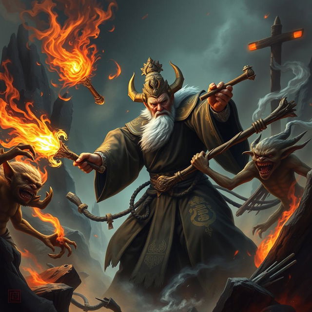 An authoritative Chinese judge of the underworld, adorned in richly detailed dark robes with ornate gold accents, fiercely wields a luminous magical weapon as they confront an evil wood goblin in a chaotic hellish environment