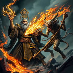An authoritative Chinese judge of the underworld, adorned in richly detailed dark robes with ornate gold accents, fiercely wields a luminous magical weapon as they confront an evil wood goblin in a chaotic hellish environment