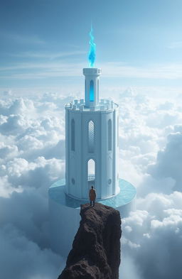 A majestic semicircular white tower with a blue flame floating at the top, resembling a castle