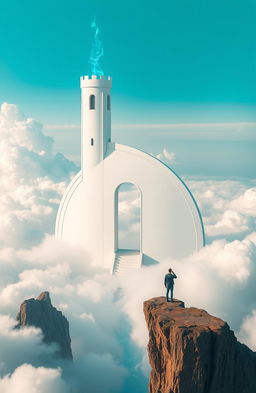 A majestic semicircular white tower with a blue flame floating at the top, resembling a castle