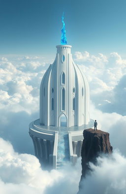 A majestic semicircular white tower with a blue flame floating at the top, resembling a castle