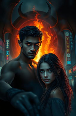 A captivating scene depicting Zayn Malik as a charismatic demon emerging from a dark, fiery portal into a bustling earthly city at night