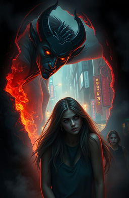 A captivating scene depicting Zayn Malik as a charismatic demon emerging from a dark, fiery portal into a bustling earthly city at night
