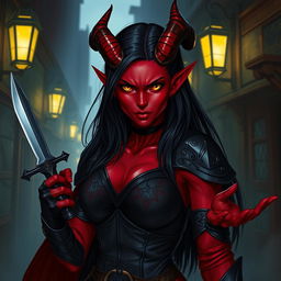 A female tiefling rogue, with striking crimson skin and elegant horns curving back from her forehead