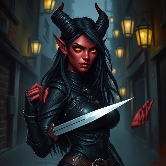 A female tiefling rogue, with striking crimson skin and elegant horns curving back from her forehead