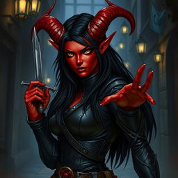 A female tiefling rogue, with striking crimson skin and elegant horns curving back from her forehead