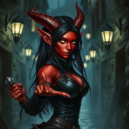A female tiefling rogue, with striking crimson skin and elegant horns curving back from her forehead