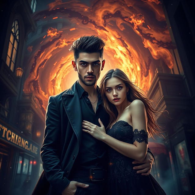 An enchanting scene portraying Zayn Malik as a demonic figure stepping out from a swirling vortex of flames and shadows into a vibrant, urban landscape at night