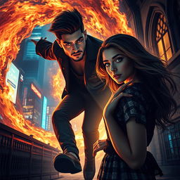 An enchanting scene portraying Zayn Malik as a demonic figure stepping out from a swirling vortex of flames and shadows into a vibrant, urban landscape at night