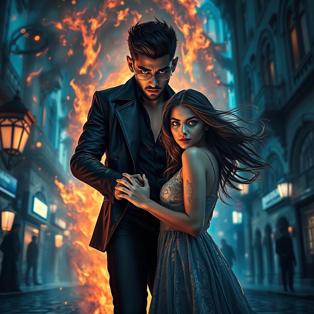 An enchanting scene portraying Zayn Malik as a demonic figure stepping out from a swirling vortex of flames and shadows into a vibrant, urban landscape at night