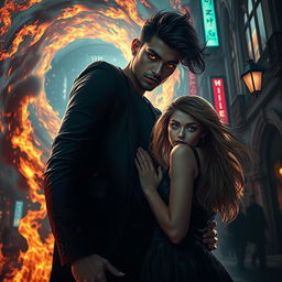 An enchanting scene portraying Zayn Malik as a demonic figure stepping out from a swirling vortex of flames and shadows into a vibrant, urban landscape at night