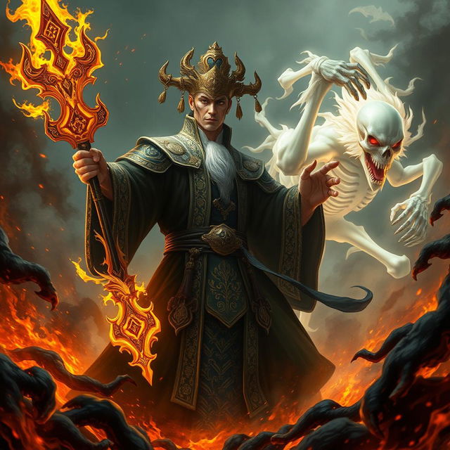 A commanding Chinese judge of the underworld, adorned in elaborate dark robes with intricate gold detailing, wields a glowing magical weapon as they confront a fearsome white bone spirit in a chaotic hell environment