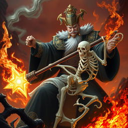 A commanding Chinese judge of the underworld, adorned in elaborate dark robes with intricate gold detailing, wields a glowing magical weapon as they confront a fearsome white bone spirit in a chaotic hell environment